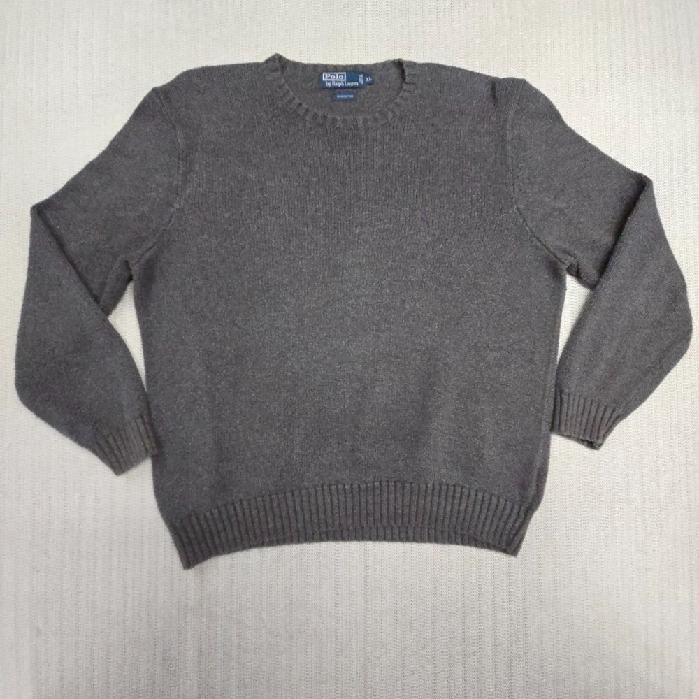 Vintage Polo Ralph Lauren Sweater Mens XL Gray Cotton Pullover Purple Pony